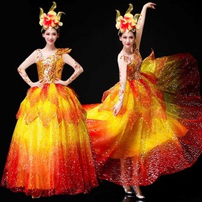 Red with gold petals flamenco dance dresses for women girls chinese folk dance opening choir ballroom dance long swing skirts pageant dress for female